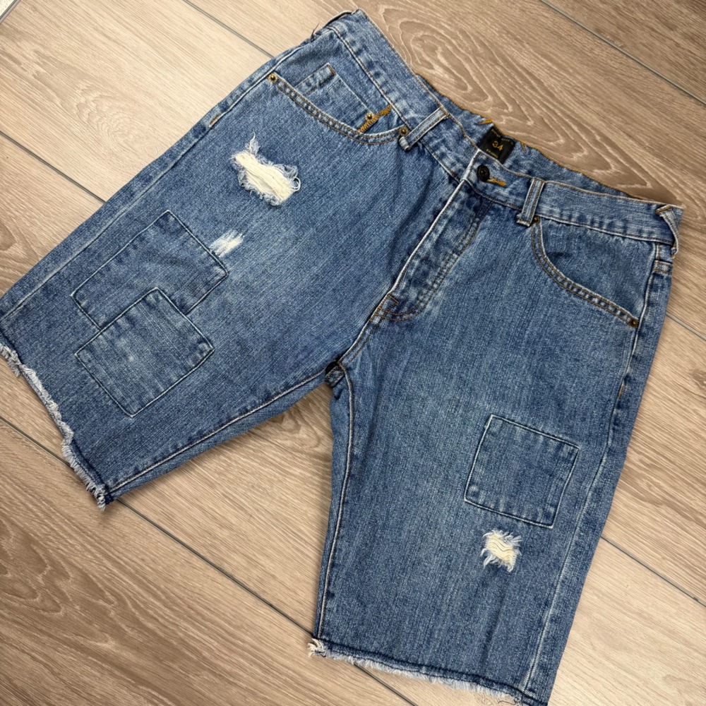10Deep Mens Denim Shorts Distressed Patchwork Raw Hem Blue 34